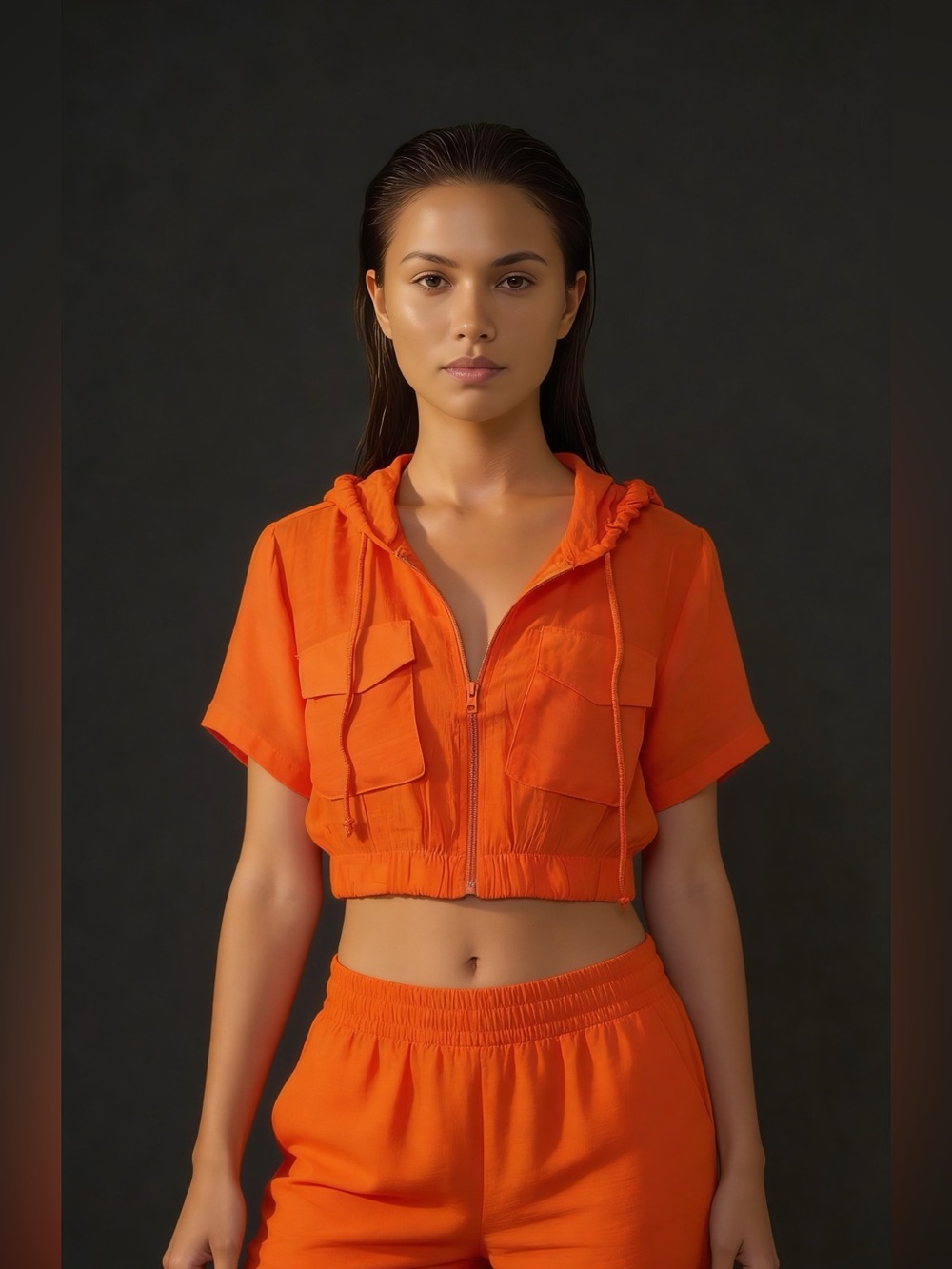 IKY & Me Orange Utility Crop Hoodie